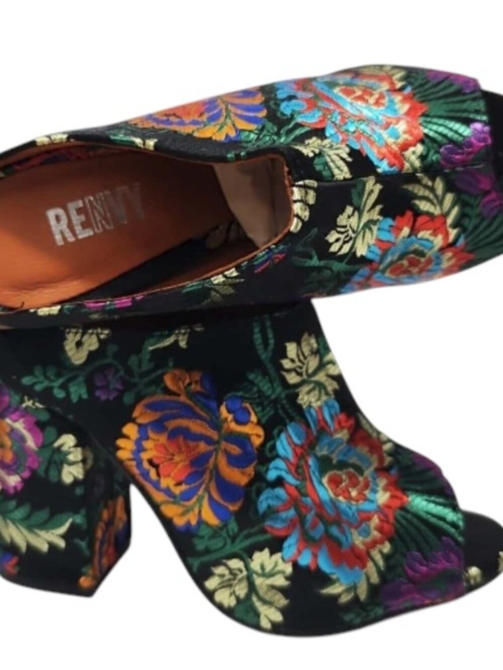 RENVY Brocade block heel Open toe, slip mule Size 39 - Black